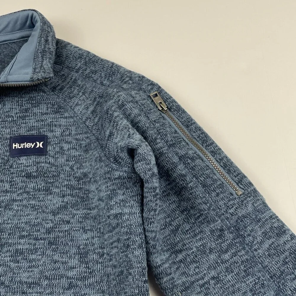 Hurley Full Zip Knit Jacket Youth M Blue Sweater Fleece Lined Arm Pocket